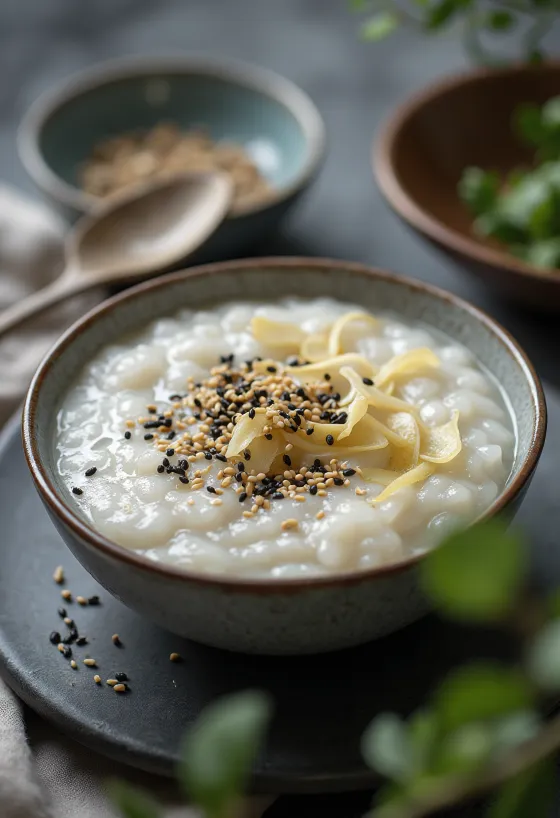Sezamové Congee, krémová rýže podávaná s praženým sezamem a čerstvým zázvorem