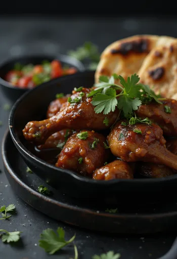 Kuře Adobo servírované s chlebem naan, v lahodné kořeněné omáčce