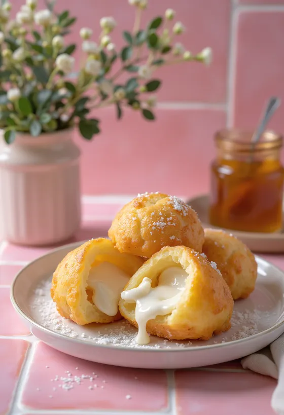 Æbleskiver s ricottovou náplní, zlatohnědé barvy, podávané posypané moučkovým cukrem