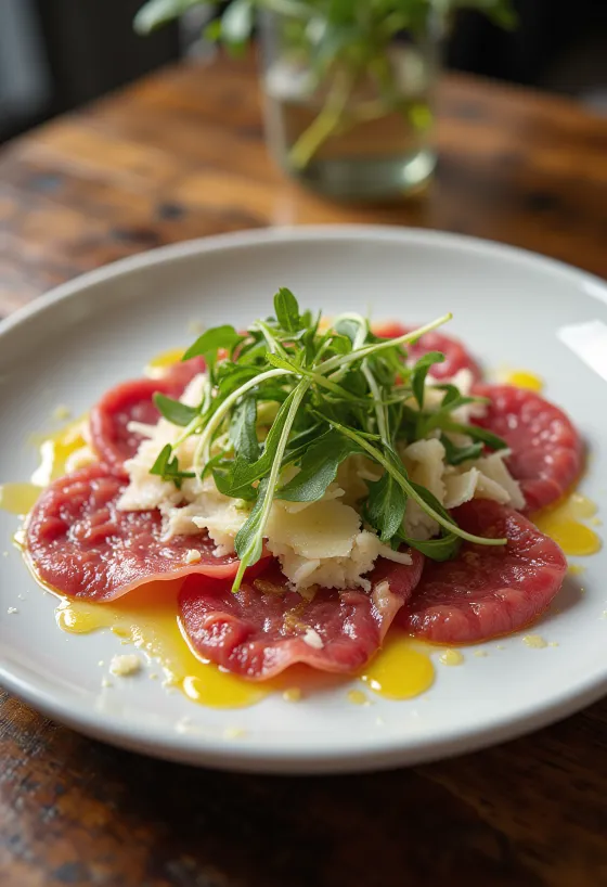 Carpaccio z hovězí svíčkové podávané s rukolou a parmazánem