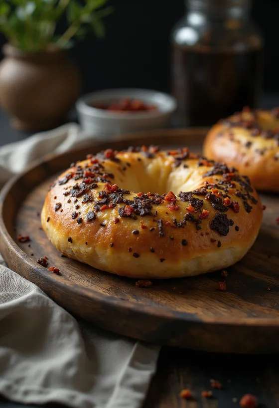 Čerstvě upečený pikantní chilli-čokoládový bagel
