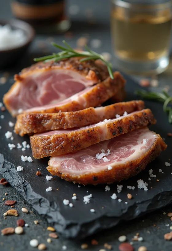 Vepřové Iberico Secreto podávané s plátky citronu a grilovanou zeleninou.