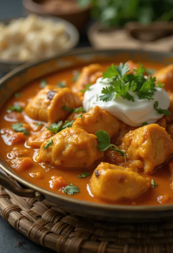 Kuřecí tikka masala v krémové rajčatové omáčce, zdobené čerstvým koriandrem