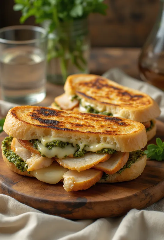 Panini s kuřecím masem, mozzarellou a pestem, grilované