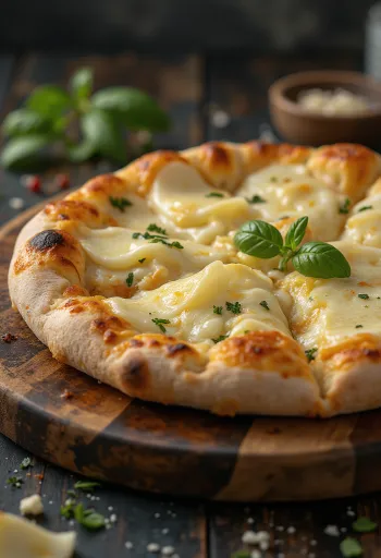 Pizza ai Formaggi podávaná s různými sýry a čerstvou bazalkou