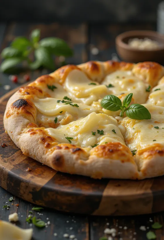 Pizza ai Formaggi podávaná s různými sýry a čerstvou bazalkou