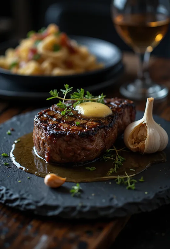 Rib eye steak opečený dozlatova, podávaný s čerstvými bylinkami a máslem