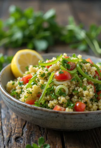 Tabbouleh salát s cibulí, směsí máty a petrželky