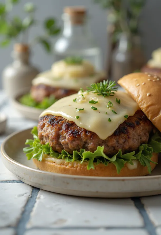Telecí burger s estragonem při podávání