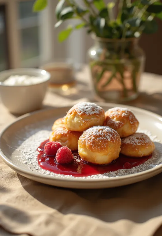 Æbleskiver podávané s malinovou marmeládou a moučkovým cukrem