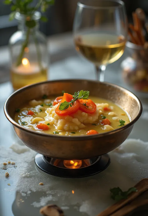 Teplá omáčka Bagna cauda podávaná s proužky pečené papriky