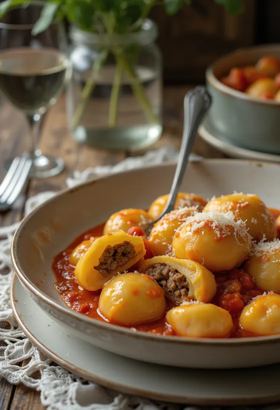 Gnocchi plněné masem, servírované