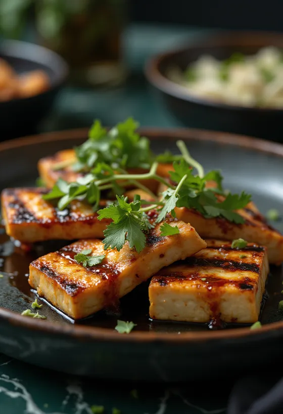 Grilované tofu v kořeněné omáčce podávané na talíři