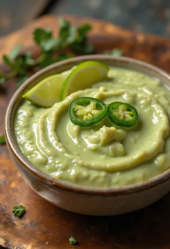 Jalapeño-limetková omáčka v misce, zdobená plátky limetky a čerstvým koriandrem.