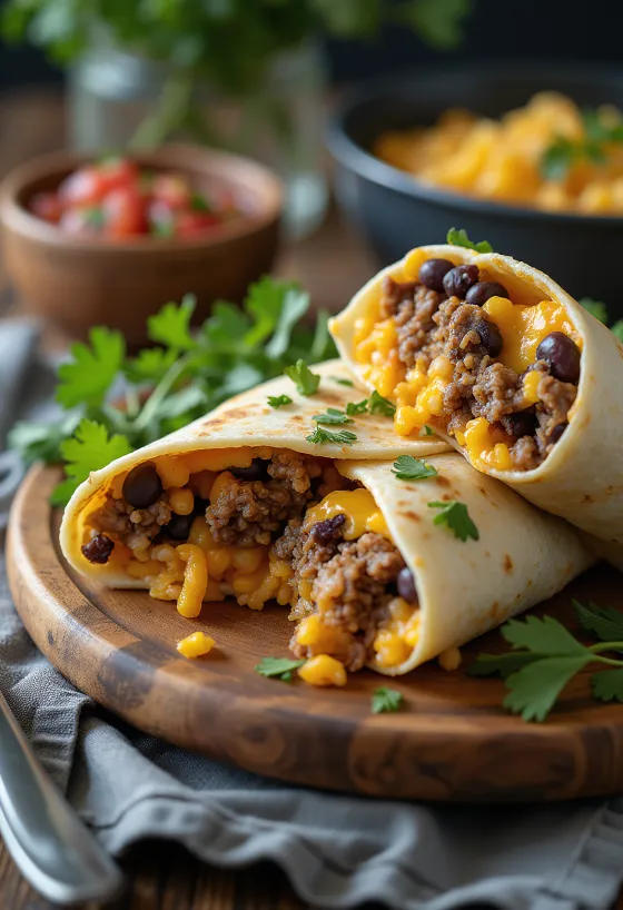 Mexické burrito v tortille, plněné rýží, fazolemi a hovězím masem