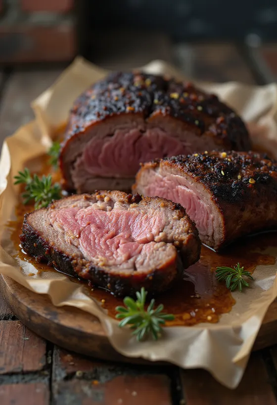 Uzené hovězí hrudí podávané v tenkých plátcích s barbecue omáčkou a přílohami