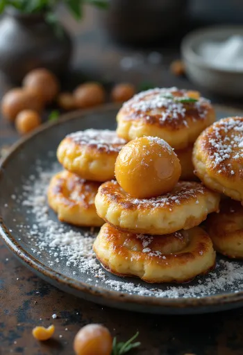 Palačinky Æbleskiver, posypané moučkovým cukrem