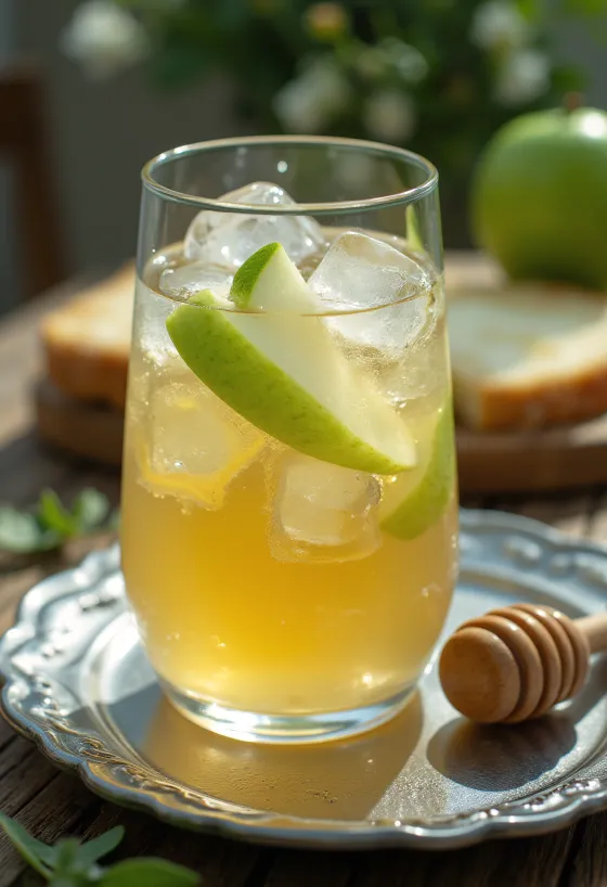 Anglický suchý cider servírovaný s ledem a jablkem