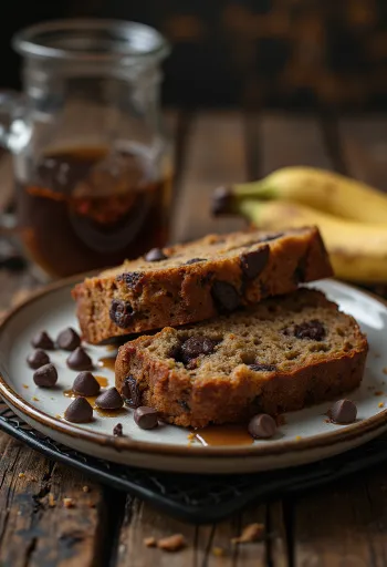 Banánový chlebíček s čokoládou, čerstvě upečené plátky chlebíčku s kousky čokolády