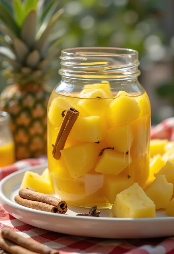 Nakládaný ananas podávaný ve sklenici