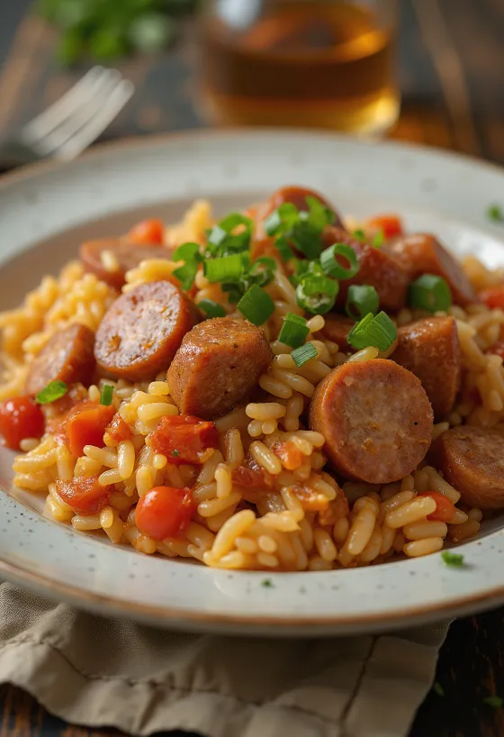 Smoked sausage jambalaya podávaná v misce zdobená petrželkou