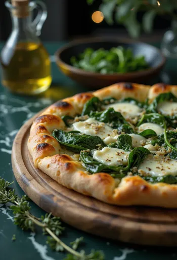 Servírovaná špenátová pizza Quattro Formaggi s roztaveným sýrem