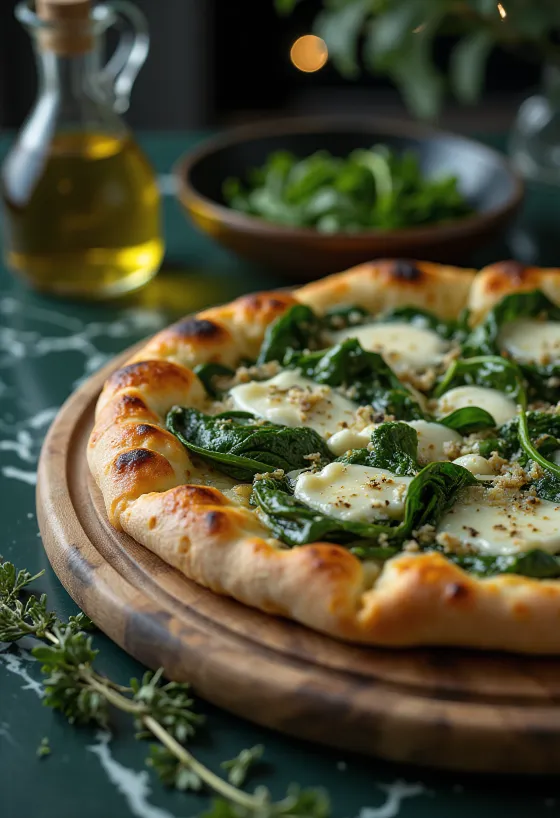 Servírovaná špenátová pizza Quattro Formaggi s roztaveným sýrem