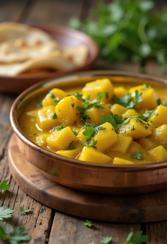 Tinda sabzi, kořeněná tinda po indicku, podávaná s bohatým kořením a čerstvým koriandrem