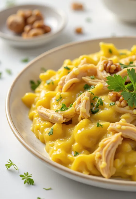 Ají de gallina bez mléka, servírované v omáčce z kuřecího masa, kokosového mléka a piri-piri