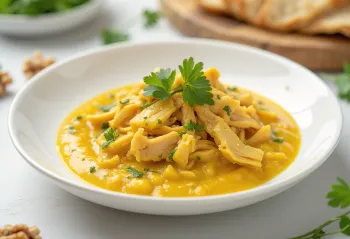 Ají de gallina bez mléka, servírované v omáčce z kuřecího masa, kokosového mléka a piri-piri