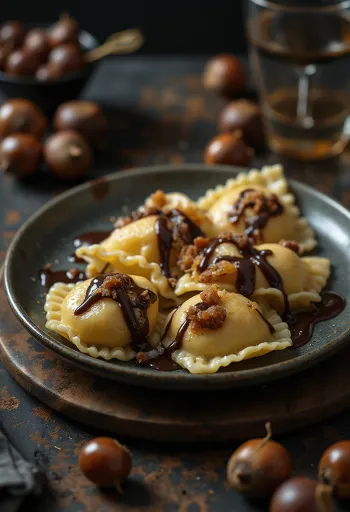 Ravioli s kandovaným kaštanovým pyré servírované