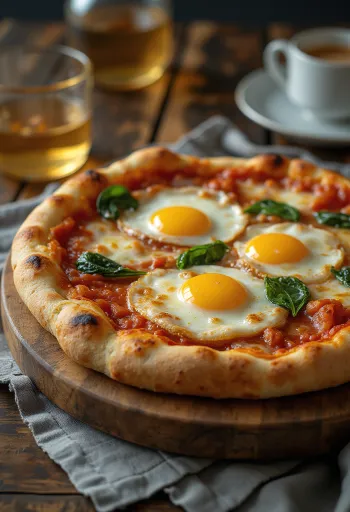 Pizza alla Bismark podávaná s čerstvým vejcem a špenátem