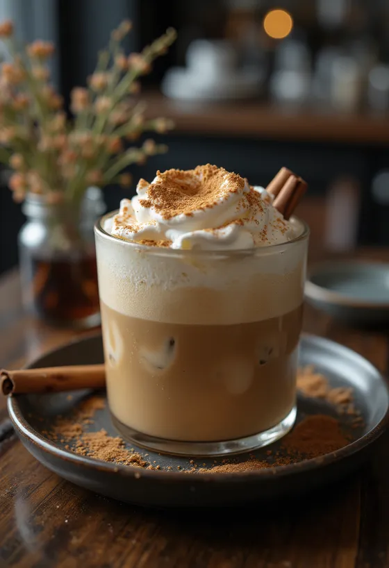Skořicovo-mátové frappé kávový nápoj zdobený šlehačkou, celou skořicí a lístky máty