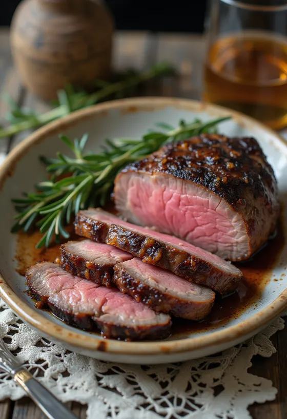 Smoked Venison Steak, uzený jelení steak s pečenou zeleninou a rozmarýnem