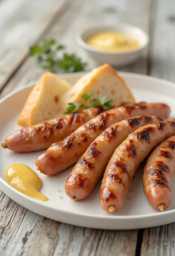 Dozlatova opečený párek s křupavou kůrkou, podávaný s hořčicí a čerstvým chlebem.