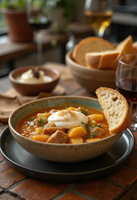 Tradiční segedínský guláš se šťavnatým vepřovým masem a kysaným zelím, podávaný se zakysanou smetanou.