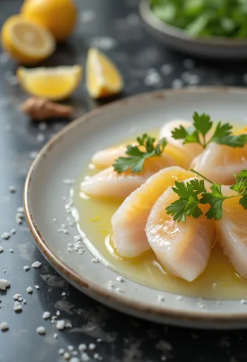 Tiradito s omáčkou yuzu, plátky čerstvé ryby zdobené chilli, koriandrem a limetkou
