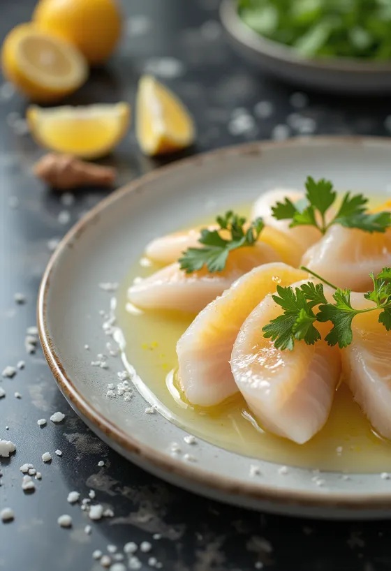 Tiradito s omáčkou yuzu, plátky čerstvé ryby zdobené chilli, koriandrem a limetkou