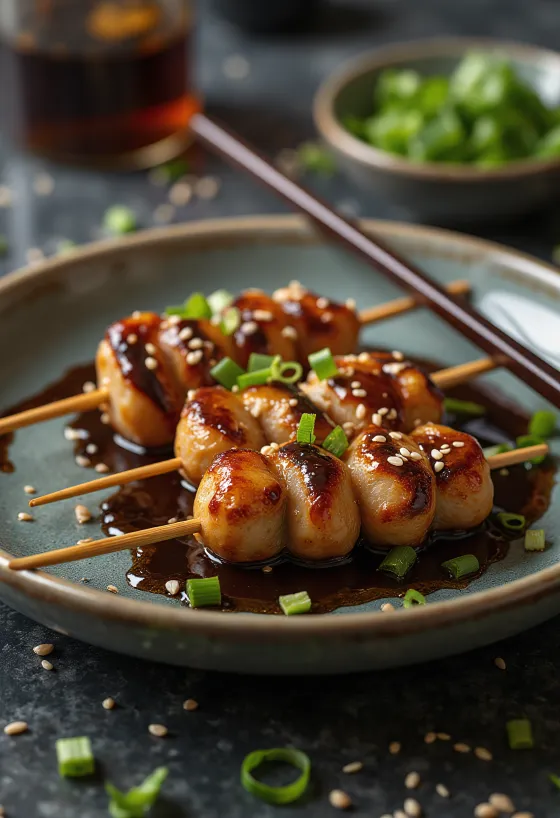 Kuličky Tsukune s houbami, podávané se sójovou omáčkou
