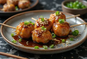 Kuličky Tsukune s houbami, podávané se sójovou omáčkou