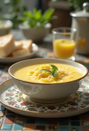 Polévka Avgolemono podávaná s čerstvým koprem