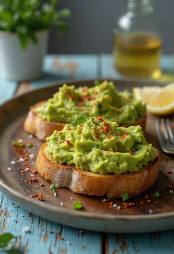 Avokádový toast, podávaný s čerstvě nasekanými bylinkami.