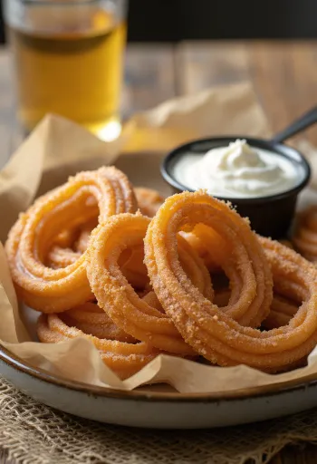 Churros se zakysanou smetanou, čerstvě smažené v křupavém těstě, s polevou ze zakysané smetany
