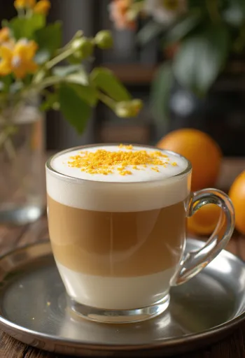 Pomerančovo-vanilkové latte kávový nápoj zdobený šlehačkou a plátkem pomeranče