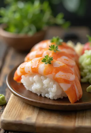 Nigiri s krevetami, podávané s plátky čerstvých krevet a wasabi