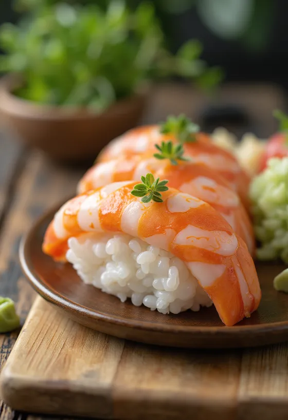 Nigiri s krevetami, podávané s plátky čerstvých krevet a wasabi