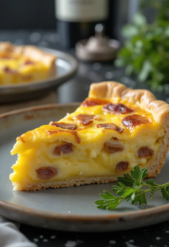 Klasický Quiche Lorraine, v křupavém křehkém těstě s krémovou náplní, kousky slaniny a sýrem.