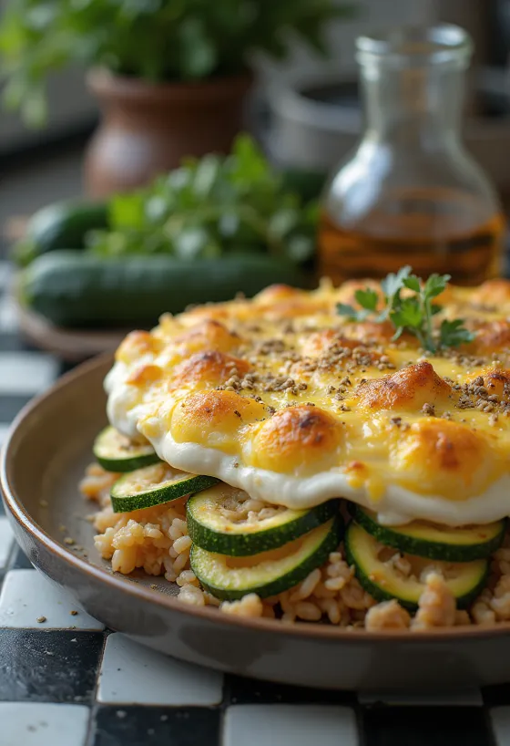 Zapečená cuketa s mletým masem a rýží ve skleněné míse