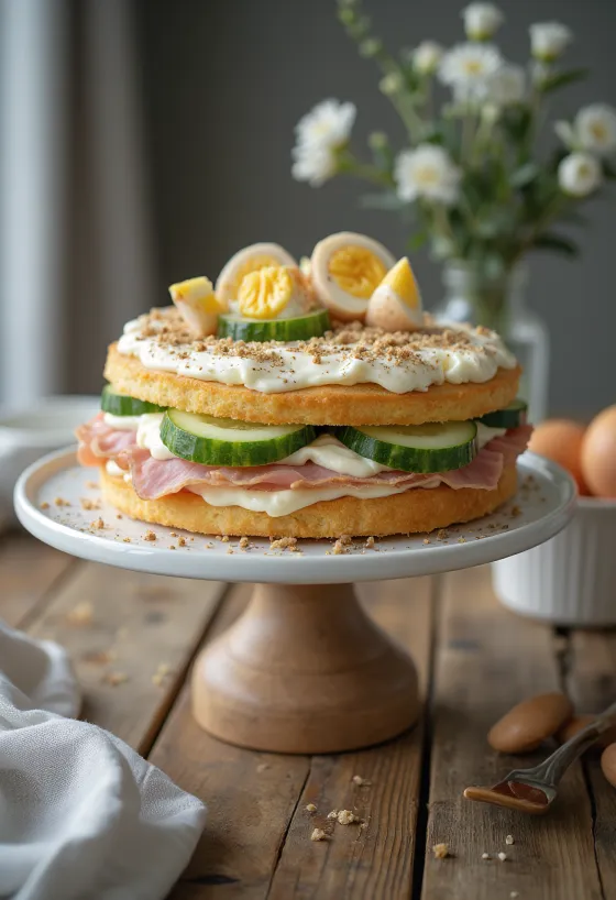 Smörgåstårta se šunkou a kuřetem podávaná