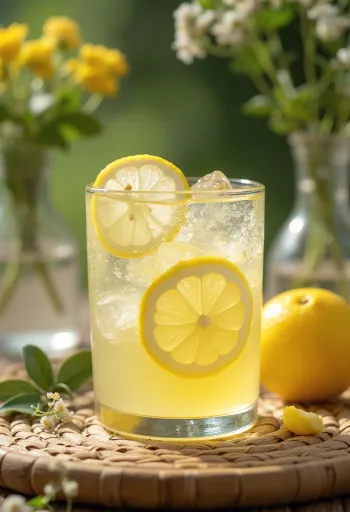Citronovo-bezový cider ovocný nápoj zdobený kolečkem citronu a bezovým květem